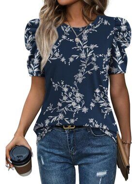 👑 Women's Floral Navy Puff Sleeve Summer Crew Neck Casual Dressy T Shirt Tops